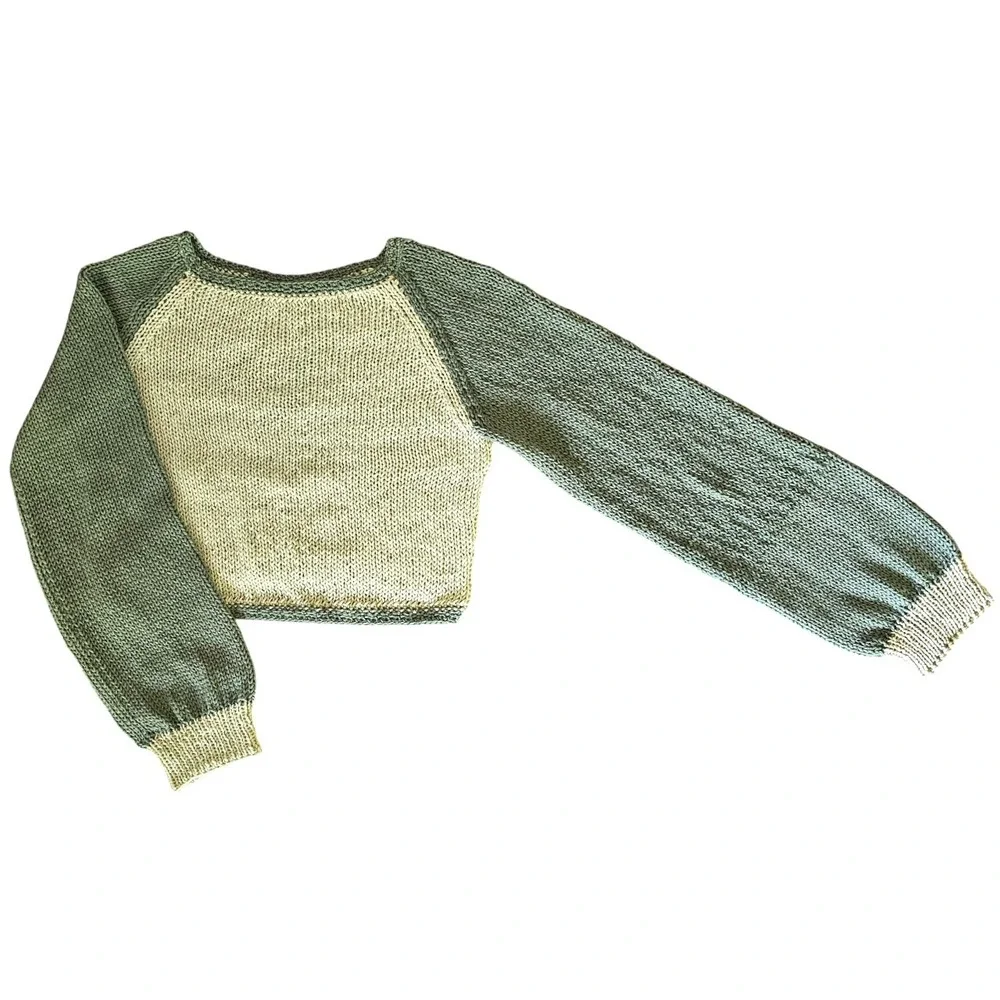 Handmade Knit Cropped Sweater – Two Tone Green | Size‎ Small-Medium